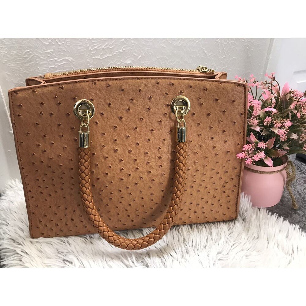 Brown Faux Crocodile Embossed Tote Bag Gold Hardware Zips Handbag Braids Handle
